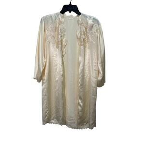 Ivory Satin Womens Scalloped Hem Leaf Pattern Eyelet Lace Collar Robe Size Large